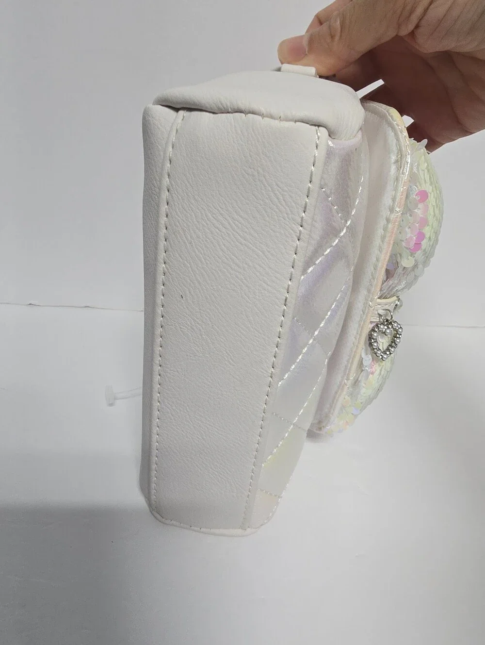 NWT OMG Accessories White Pearlescent Sequin Bow Bling Ring Handle Crossbod Bag